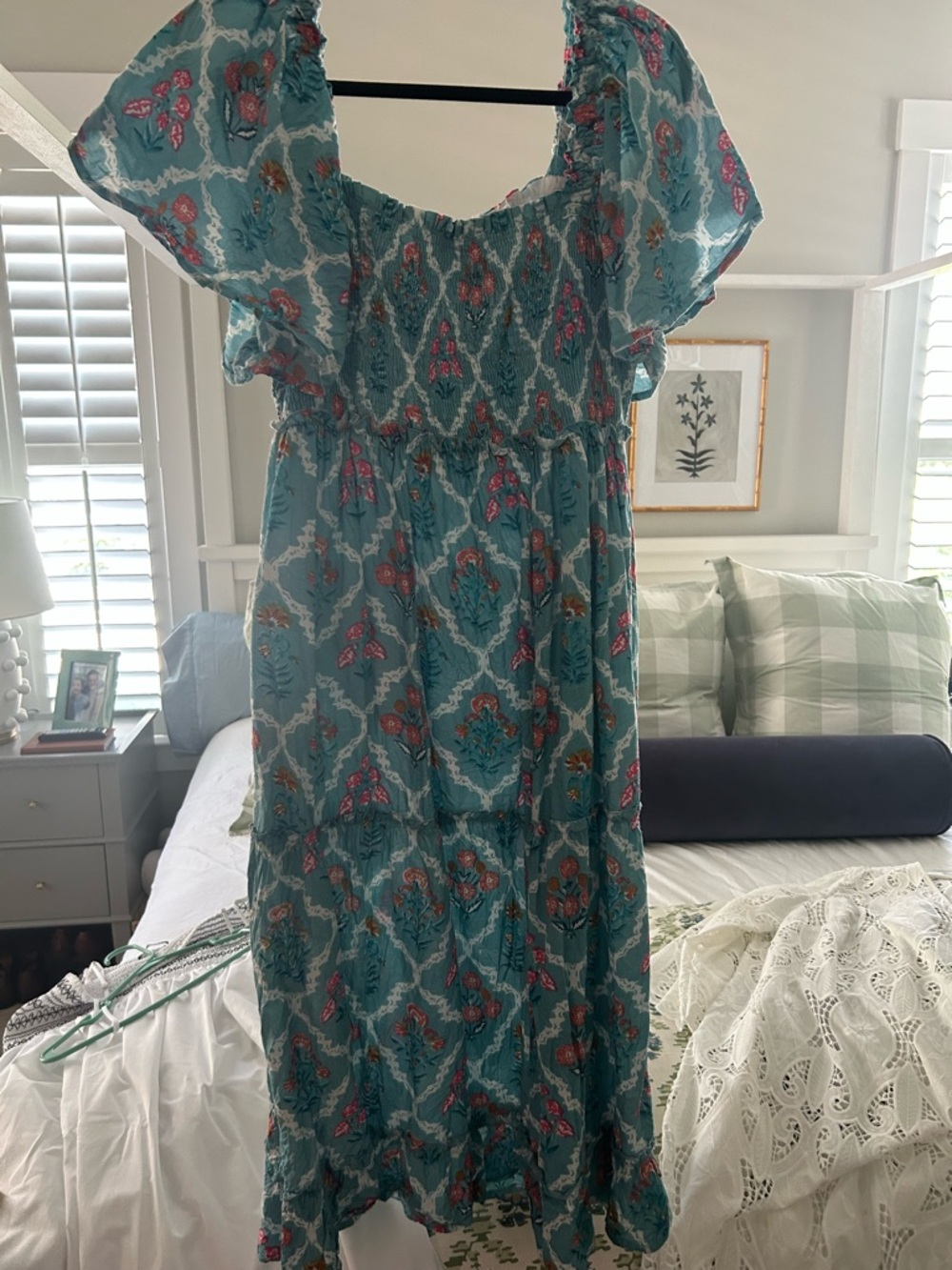Teal Floral Smocked Dress